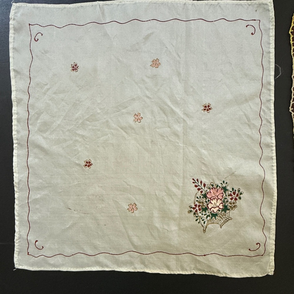 Vintage Handkerchief Lot 3 Embroidered Crochet Lace Floral White Brown Multi - Picture 3 of 11
